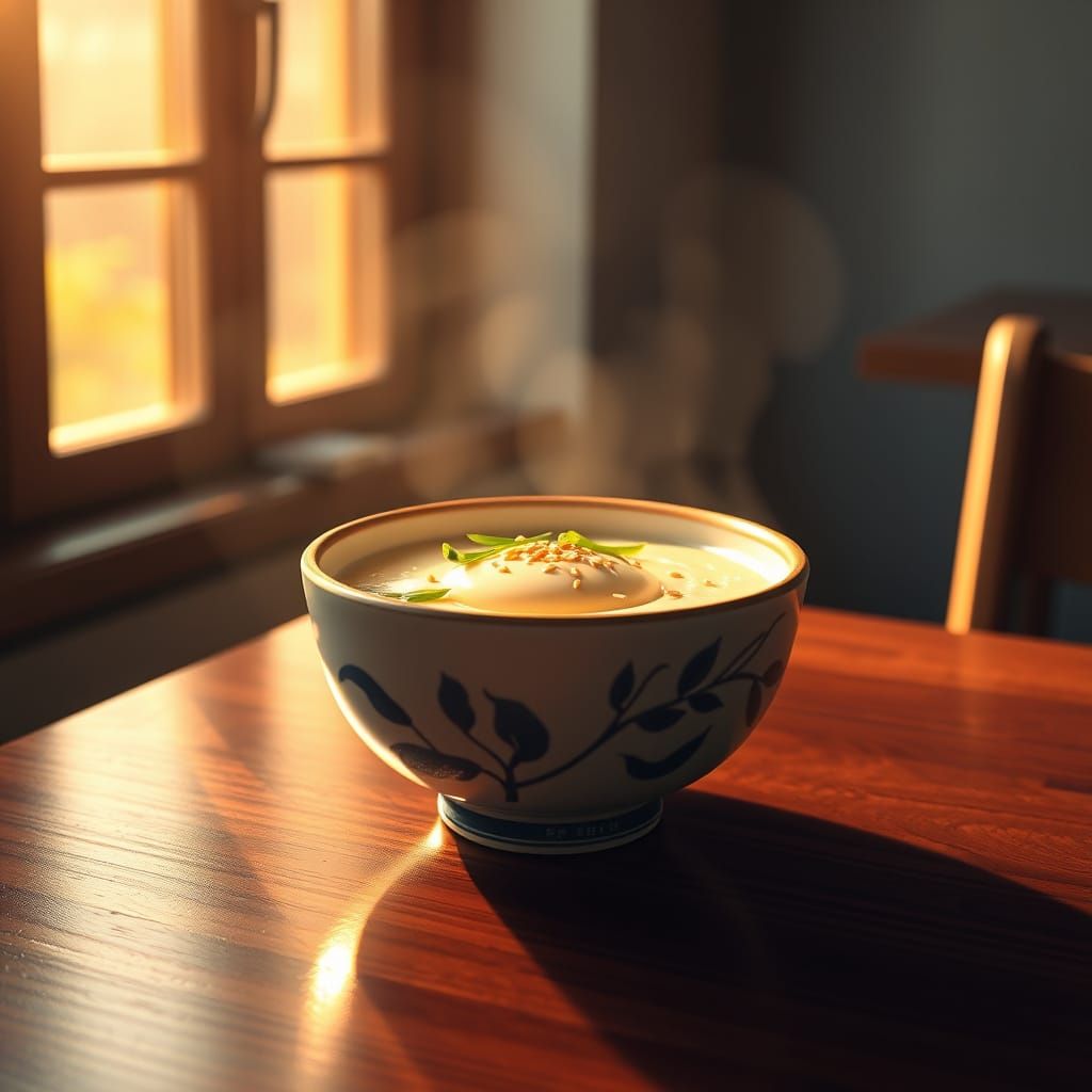 Warm Korean-Style Steamed Egg Dish in a Cozy Cafe Setting