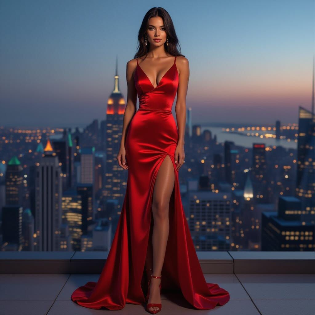 Powerful Woman in Crimson Gown on Rooftop Overlooking City