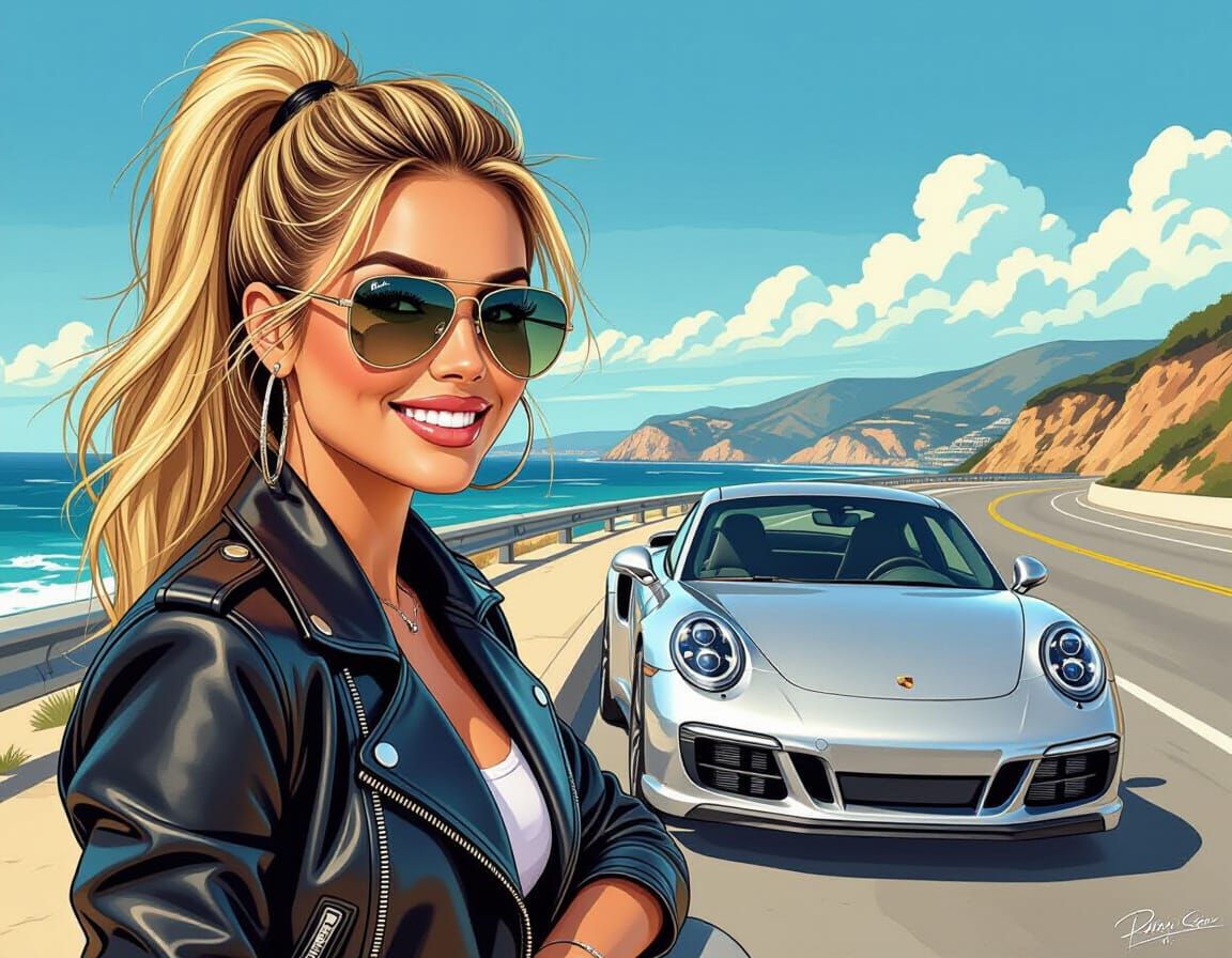 Blonde Woman with Porsche in Comic Art Style