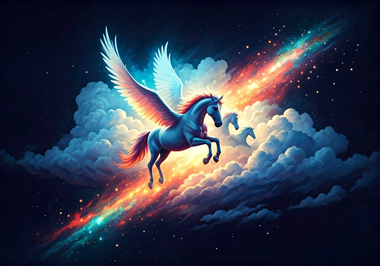 Pegasus Trio Emerges from Clouds in Graffiti Art