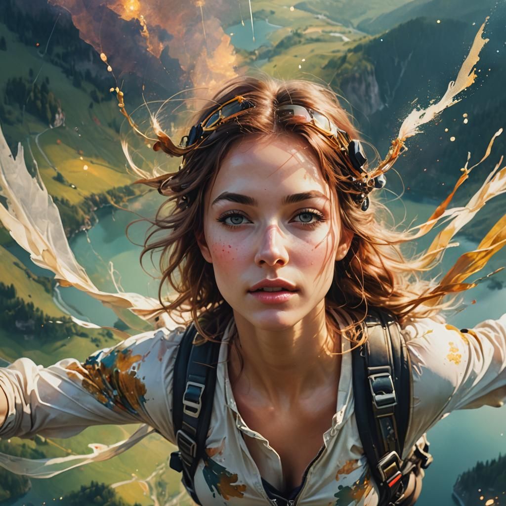 Goddess Skydiving: Surreal Digital Art Portrait