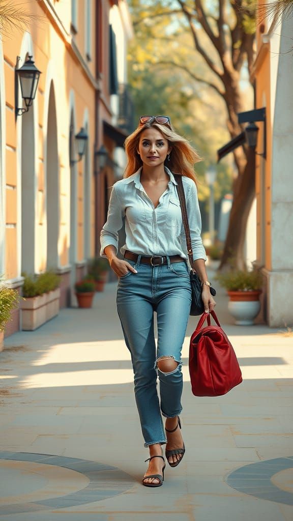 Confident Woman Walking Alone: Impressionist Style