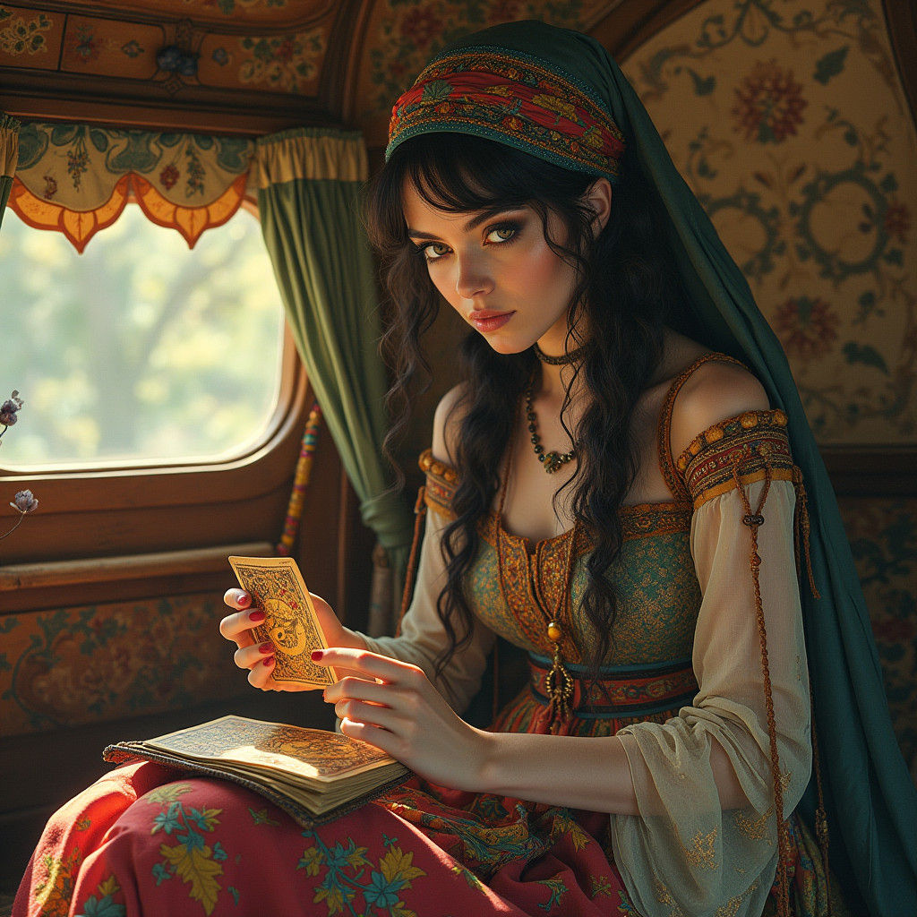 Mystical Gypsy Reading Tarot Cards in Bow Top Trailer