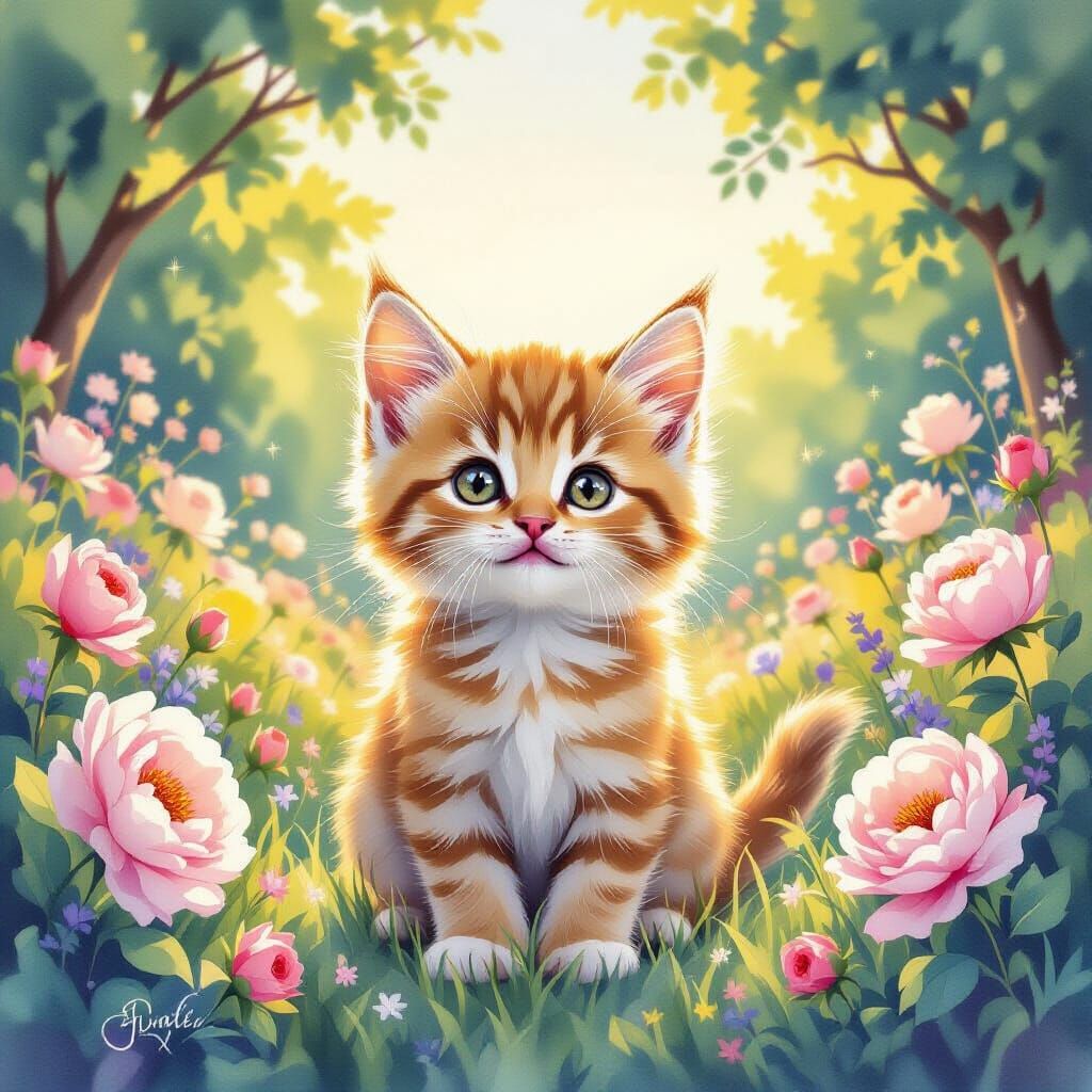 Kitten in Pastel Garden at Sunset, Watercolor Style