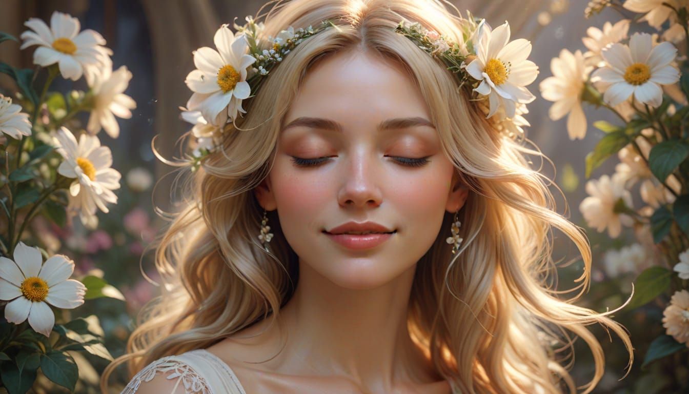 Dreamy Portrait of Woman with Flower, Hyperrealistic Art