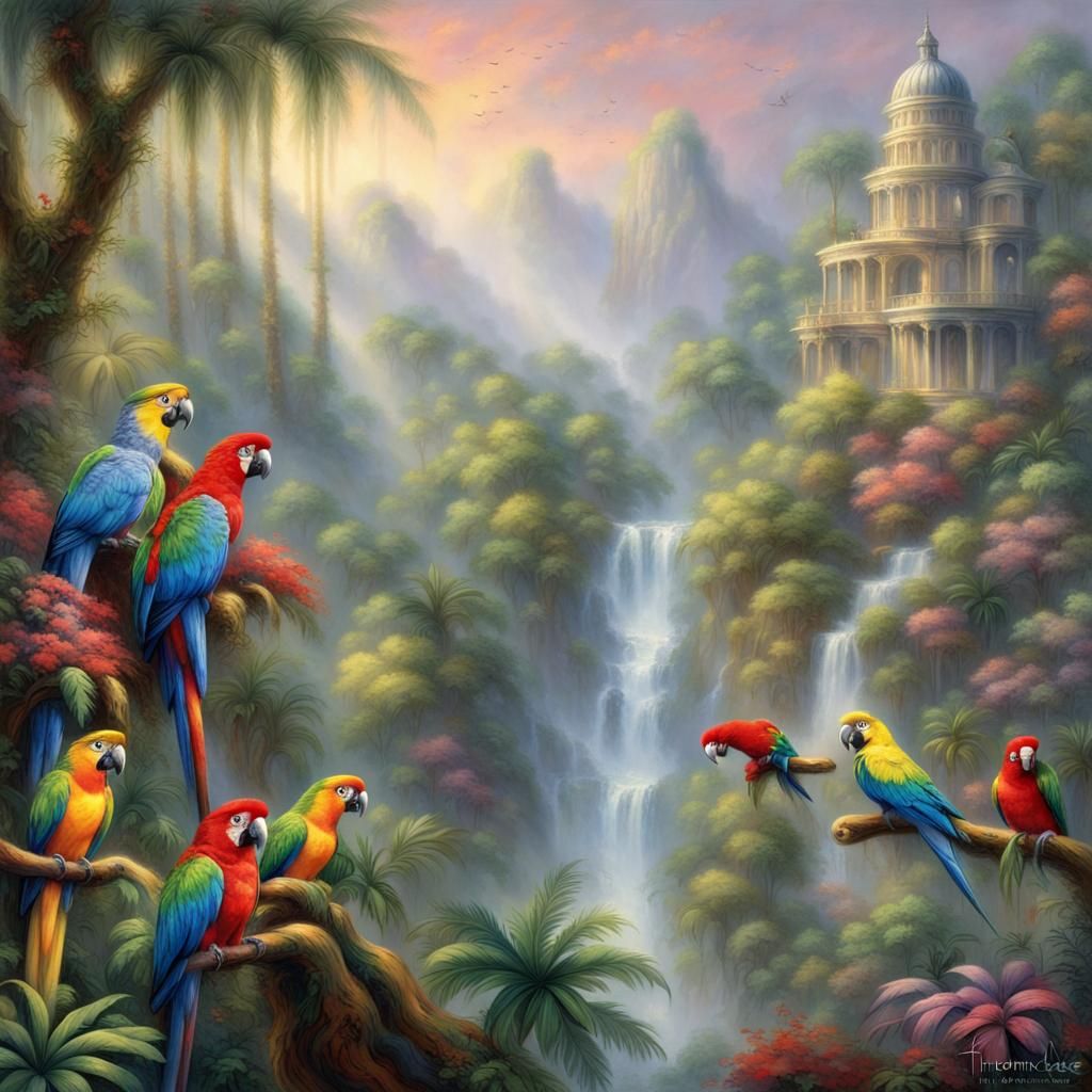 Colorful Parrots in Ethereal Rainforest Scene