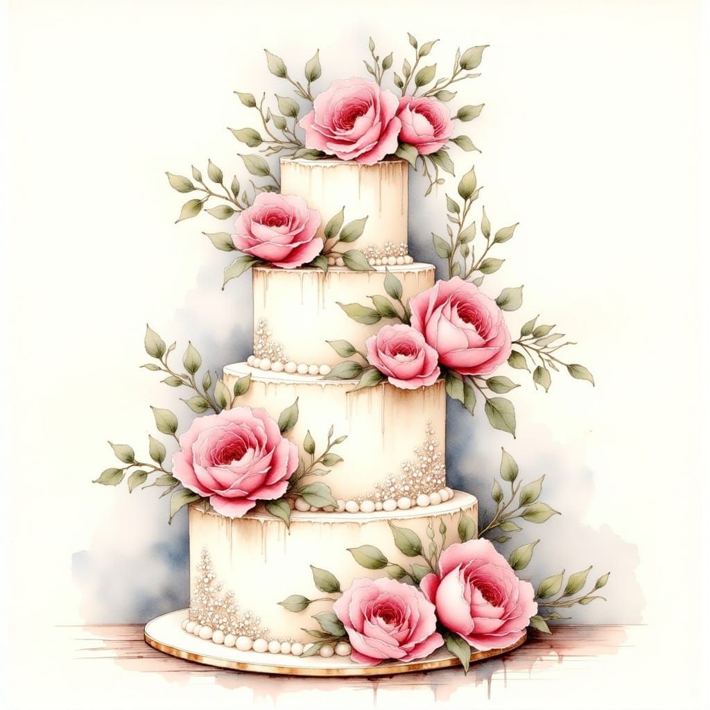 Romantic 4-Tier Wedding Cake with Pink Roses and Greenery in...