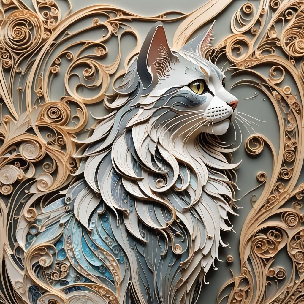 Art Deco Cat Illustration with Flowing Locks