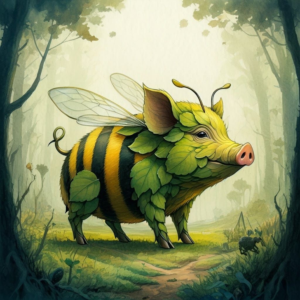 Whimsical Leaf Pig in a Wild Landscape