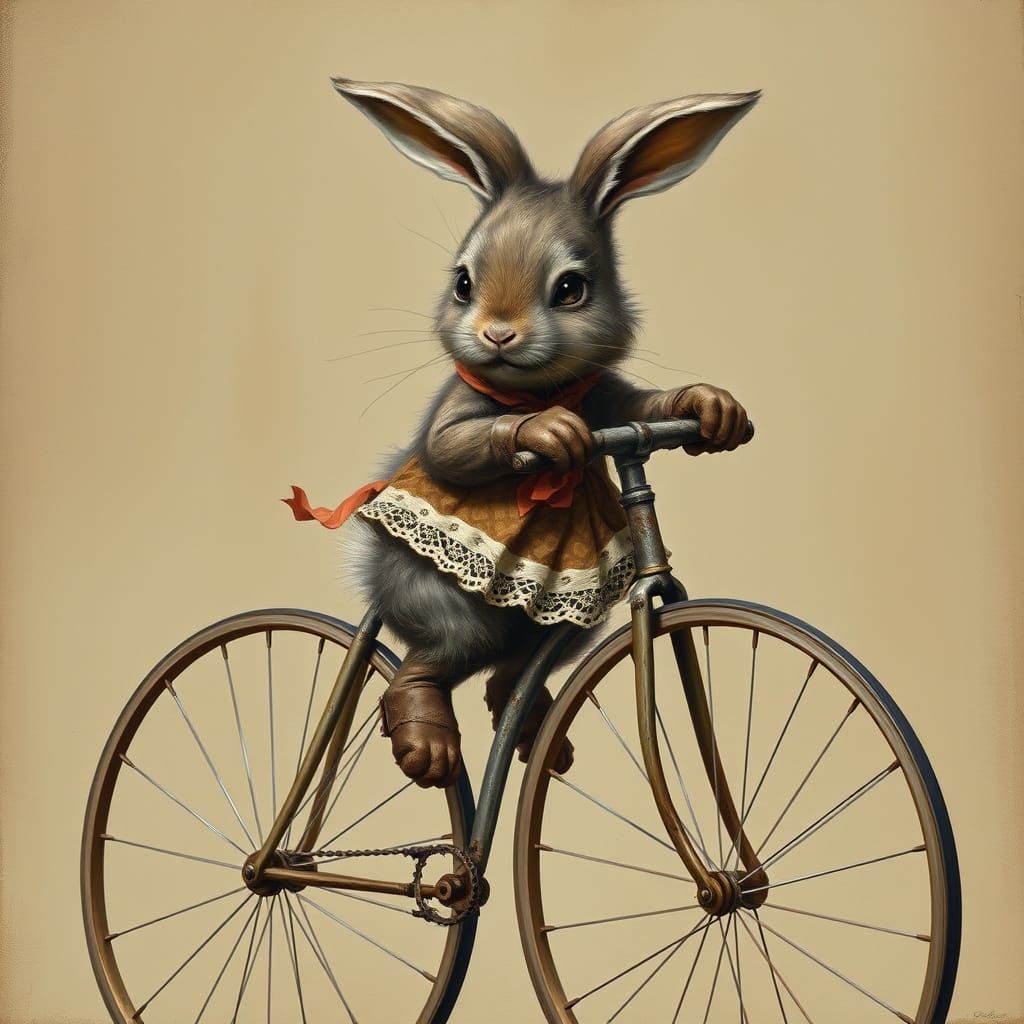 Vintage Bunny Pedals Worn Penny-Farthing Bicycle in Sepia-To...