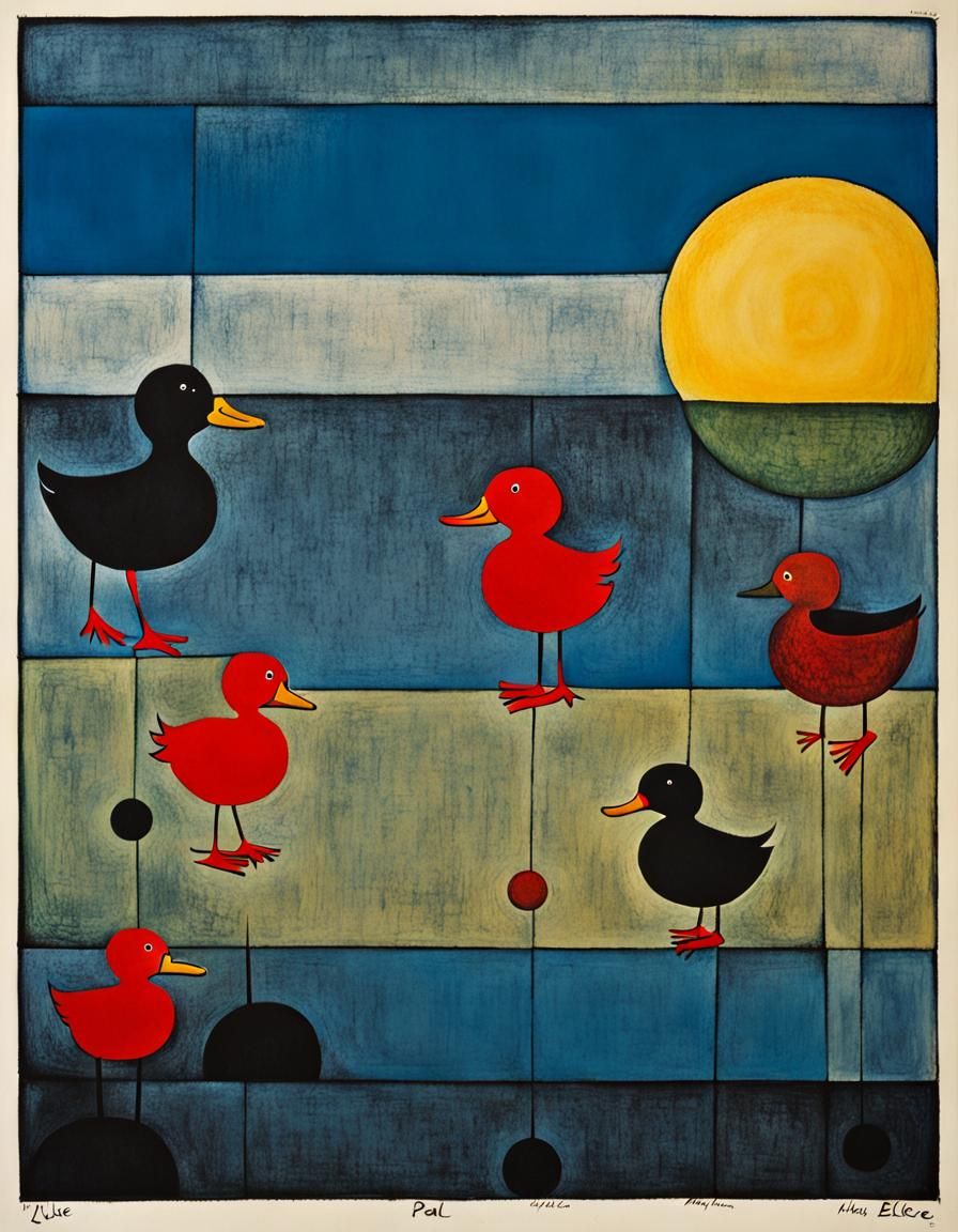 Aggressive Ducks Etching in Dada Expressionism Style