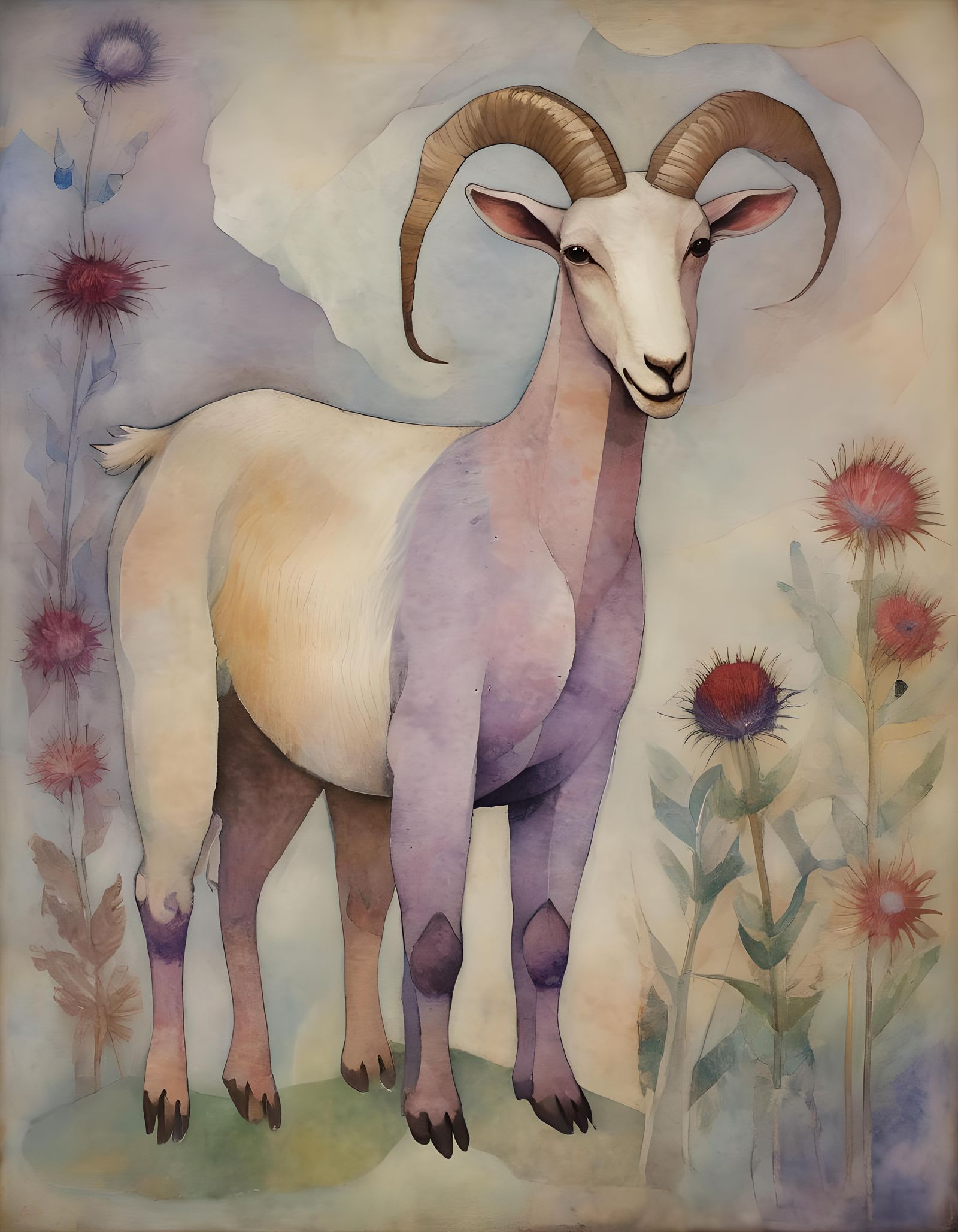 Abstract Goat-Fish Hybrid in Klimt-Klee Style