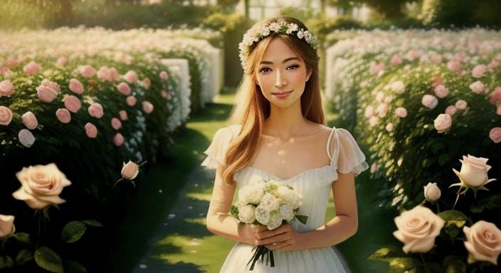 Woman in White Dress in Rose Garden