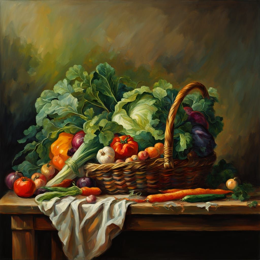 Dutch Masterpiece Still Life with Vibrant Vegetables and Ear...