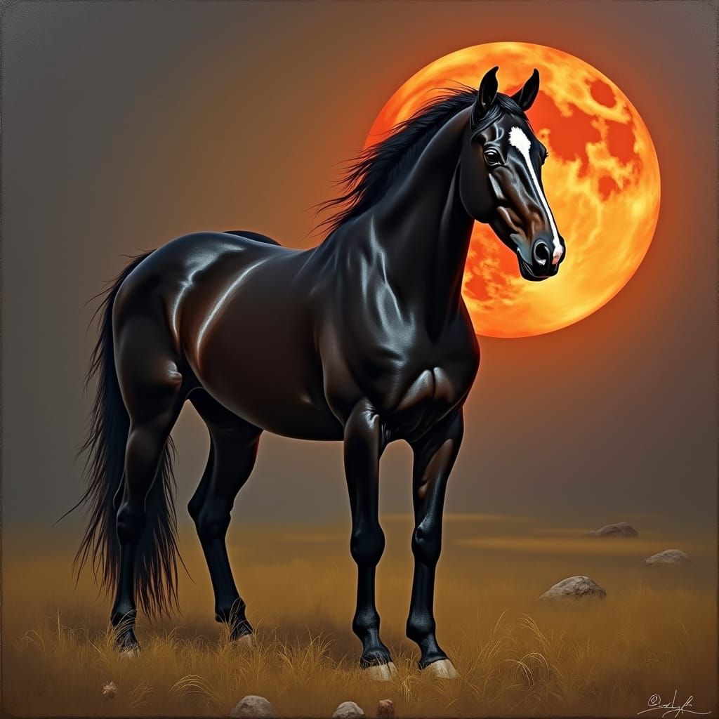 Elegant Black Horse in Eclipsed Sunset: Oil Painting