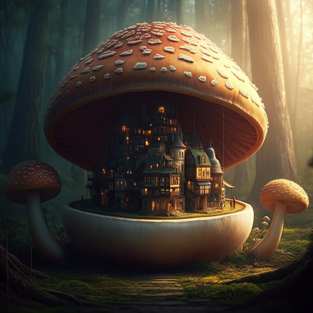 Photorealistic Mushroom City Inspired by Studio Ghibli