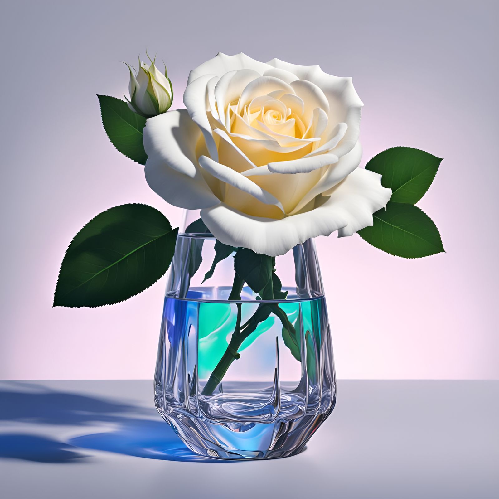 Hyperrealistic White Rose in Cut-Glass Vase