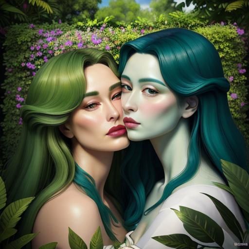 Surrealist Women Embrace in Dreamlike Garden