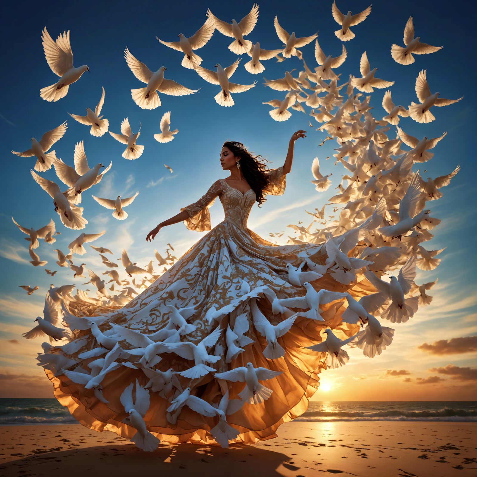 Graceful Woman's Dance in Dove Dress