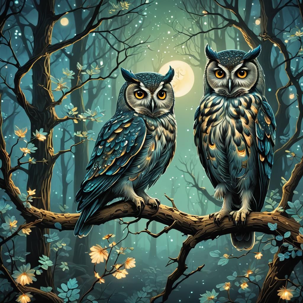 Owls in Enchanted Bioluminescent Forest