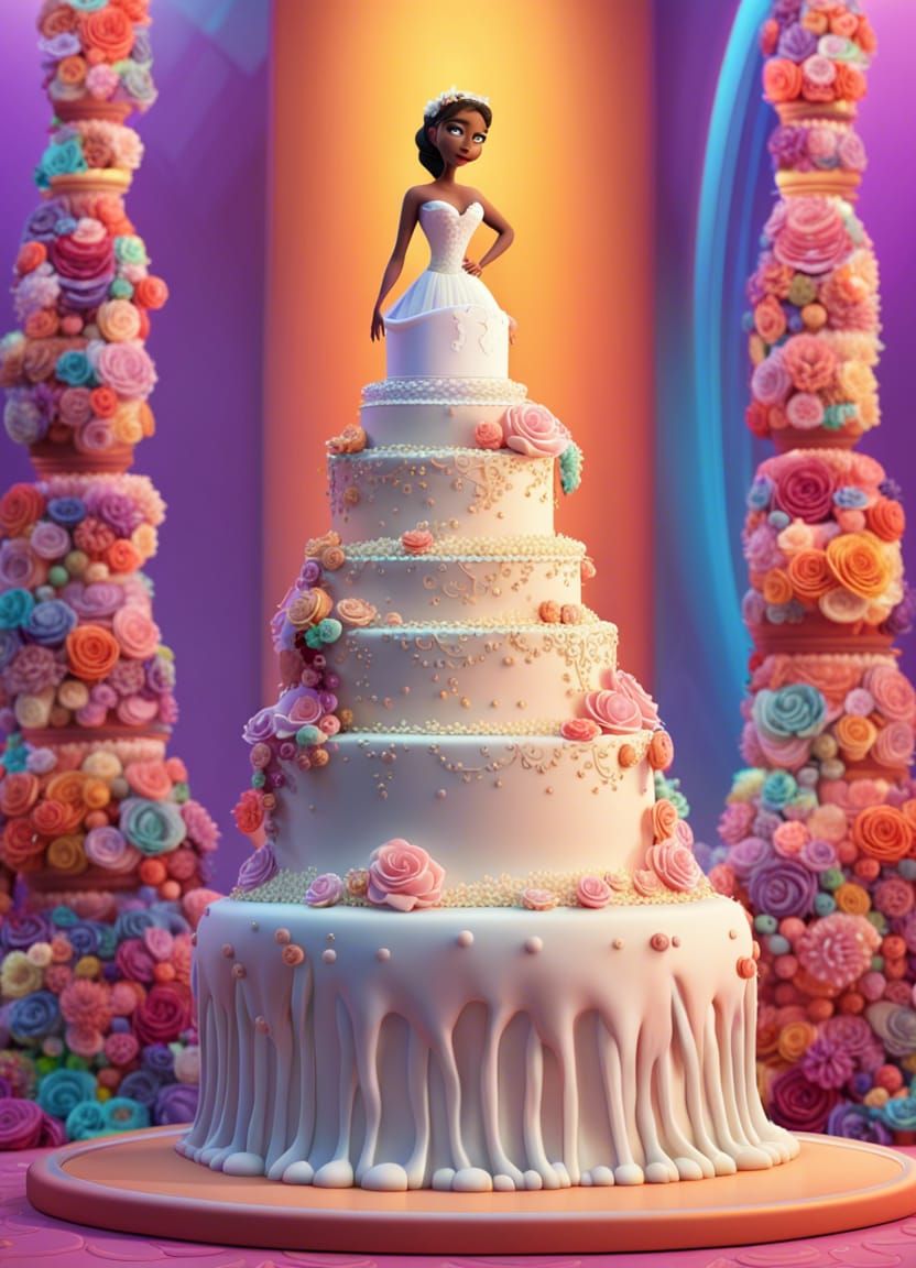 Bride and Enormous Wedding Cake, 3D Digital Art