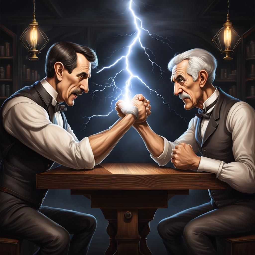 Edison vs Tesla Arm Wrestle Caricature in HDR