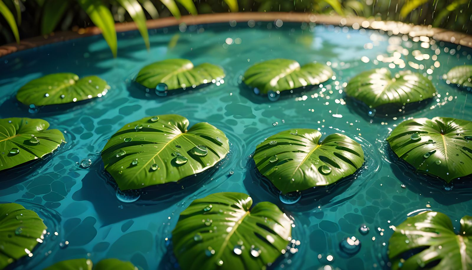 Water Droplets on Blue Pool with Tropical Leaves