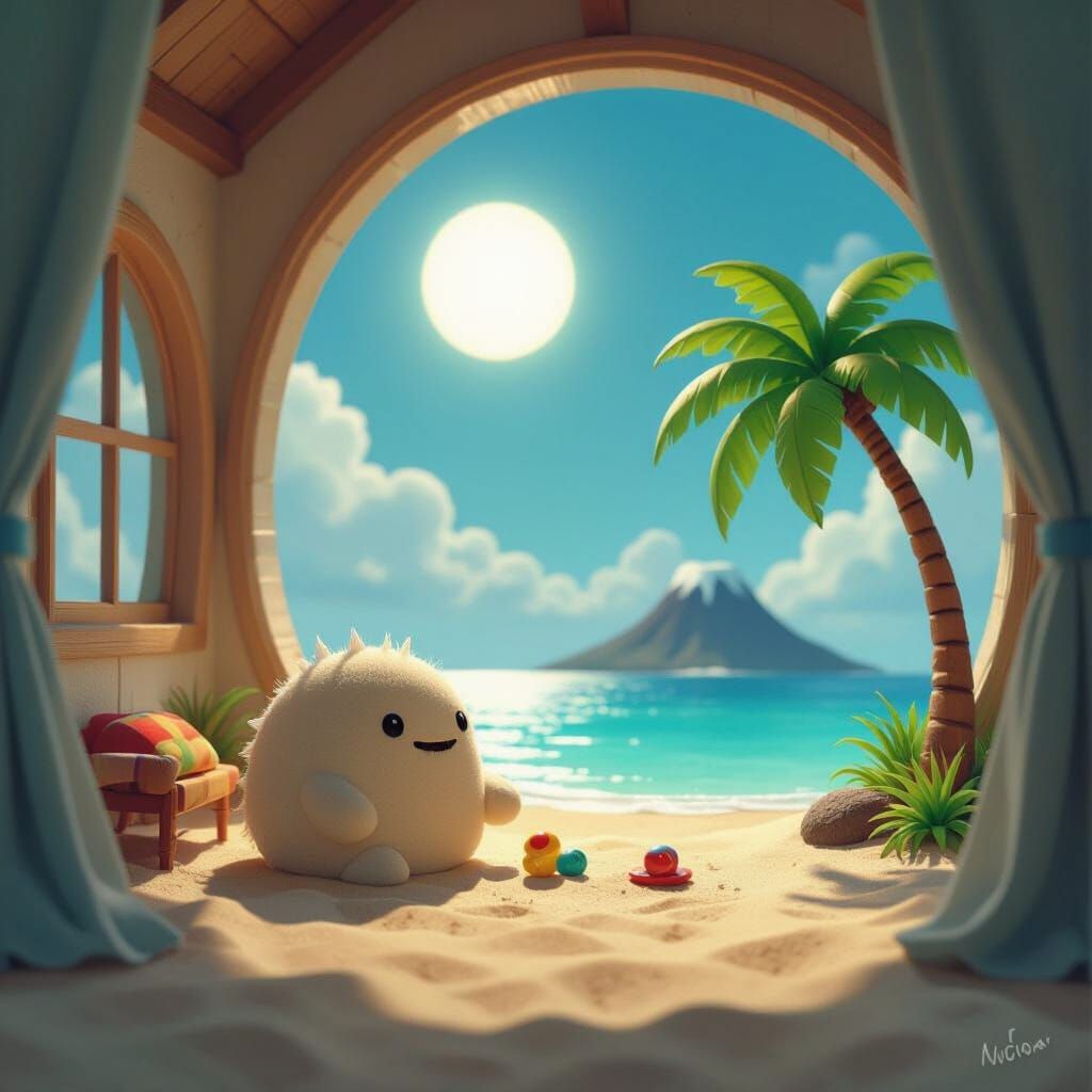 Whimsical Sand Monster Plays with Toy on Indoor Beach