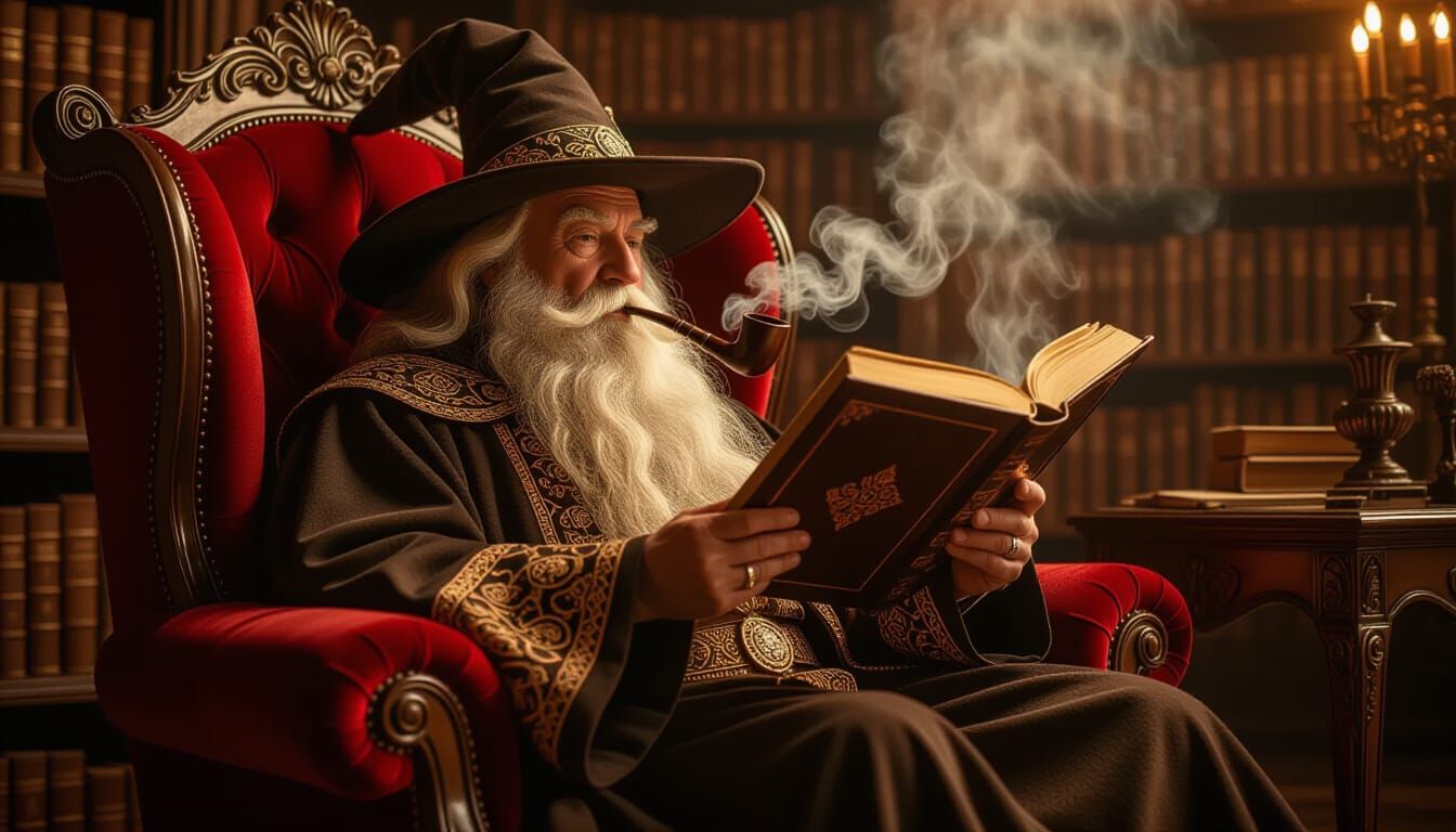 Wizard Reading Tome in Sepia Light