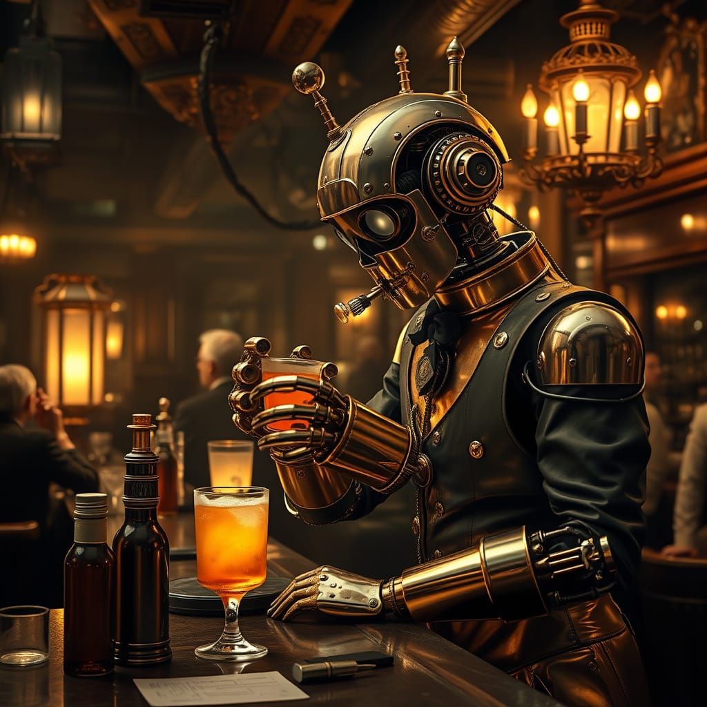 Steampunk Robot Bartender in Victorian Saloon