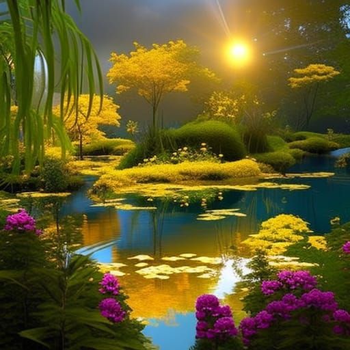Golden Flowers Reflecting in Pond: Fantasy Landscape