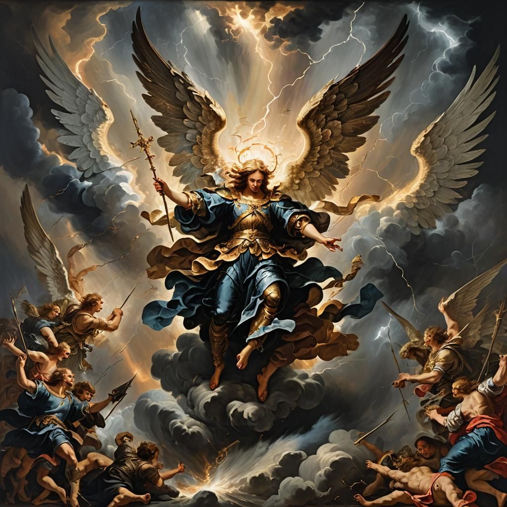 Epic Angelic Battle in Baroque Oil Painting