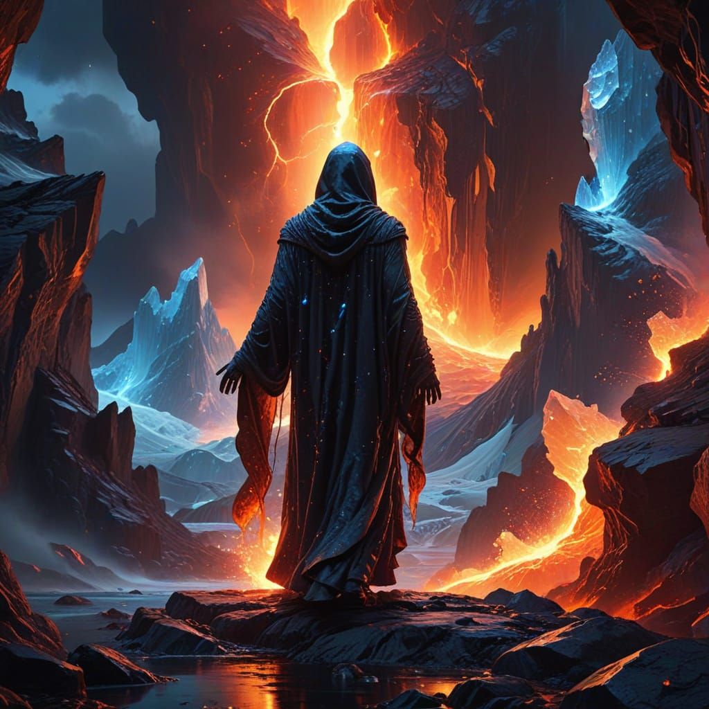 Mystical Landscape: Figure Between Lava and Glaciers