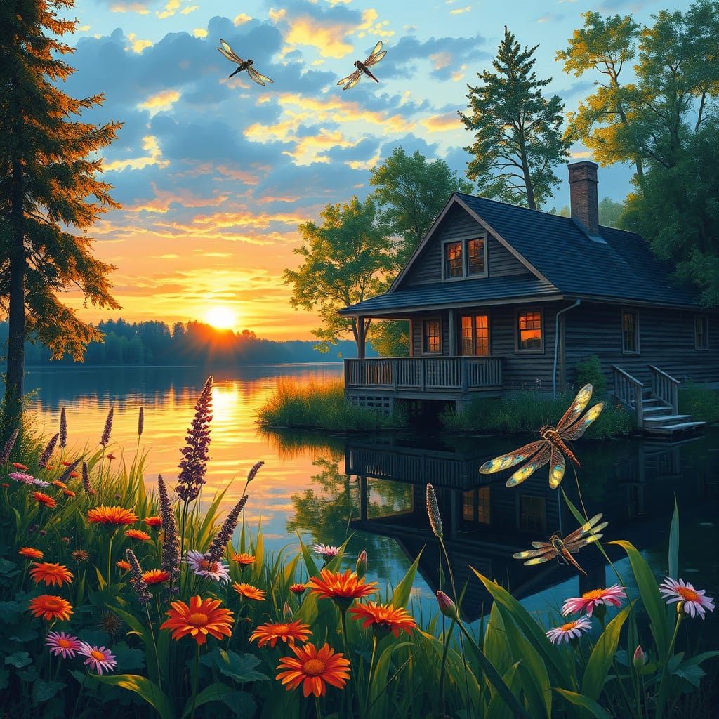 Serene Lakeside House in Impressionistic Oil Painting Style