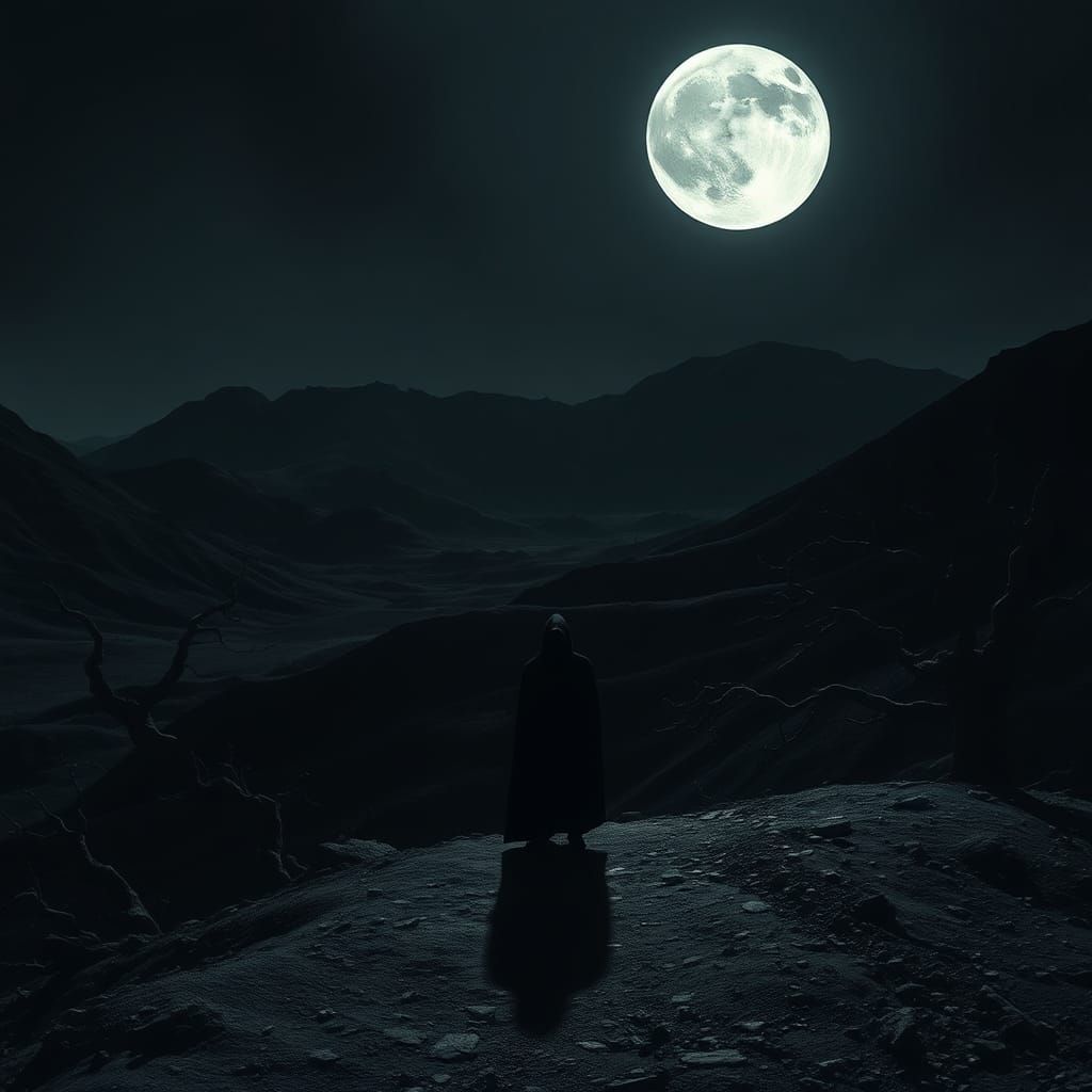 Eerie Moonlit Figure in Biomechanical Landscape