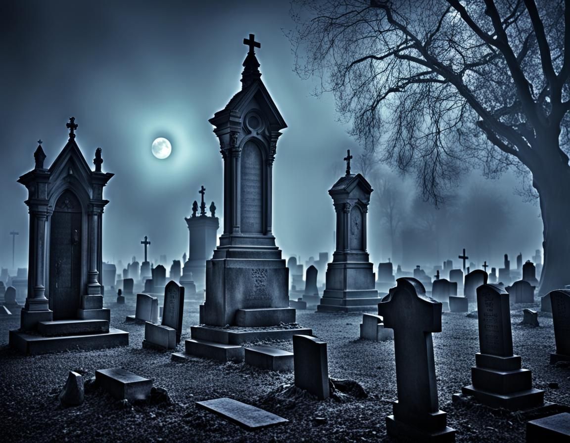 Eerie Cemetery at Night Shrouded in Fog