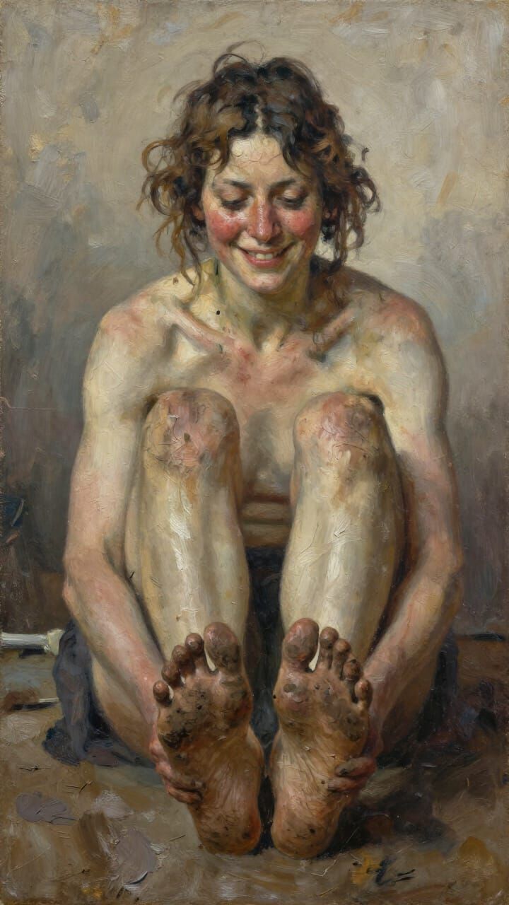 Expressive Oil Painting of a Dirt-Covered Woman