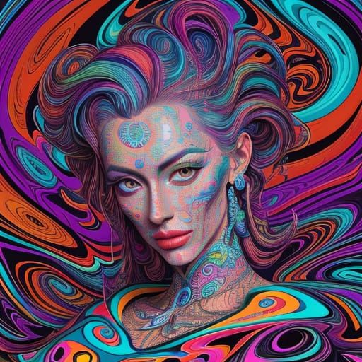 Psychedelic Portrait in Swirling Colors and Patterns