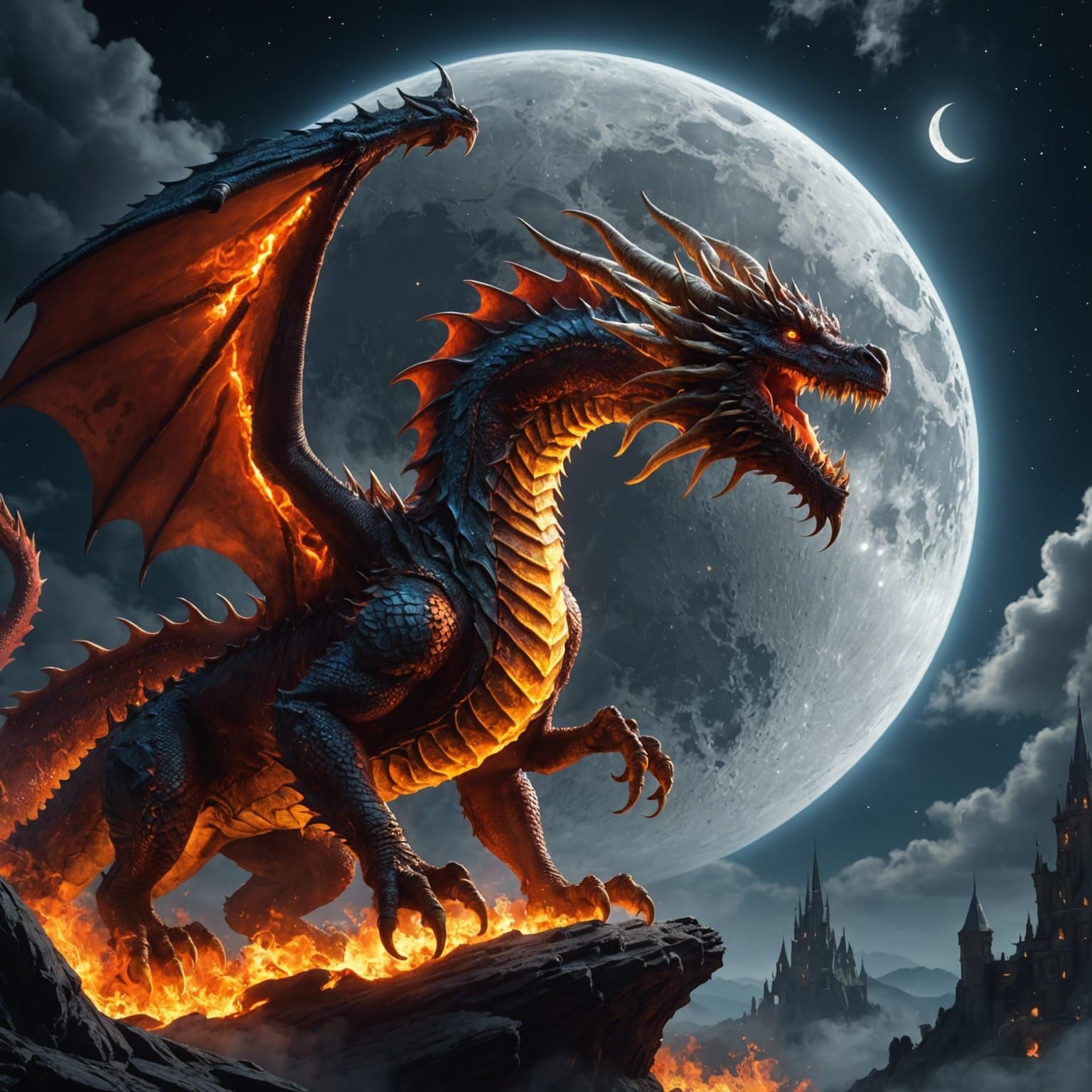 Fiery Dragon Soars Beside the Moon