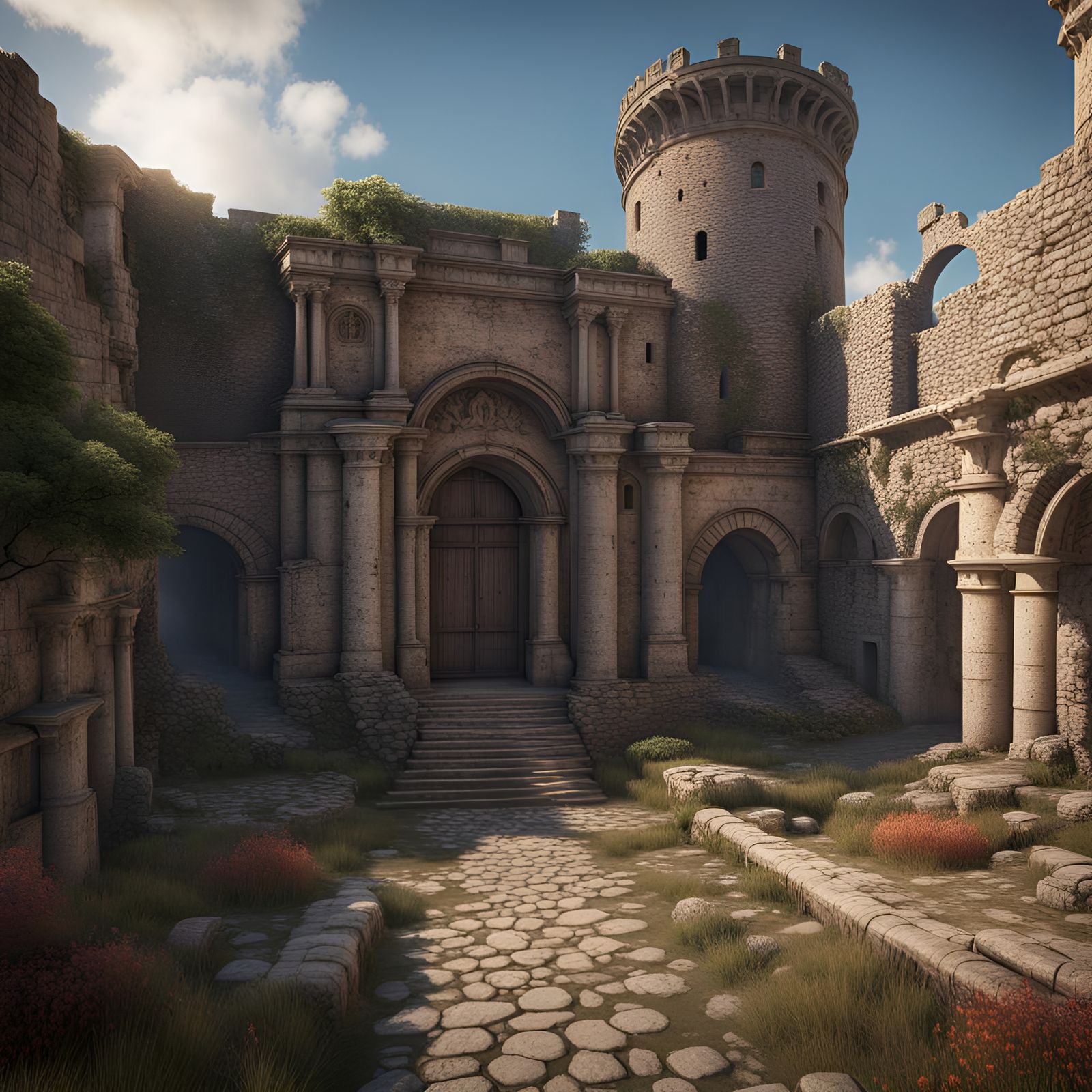 Detailed Roman Fortress Ruins in Matte Painting Style