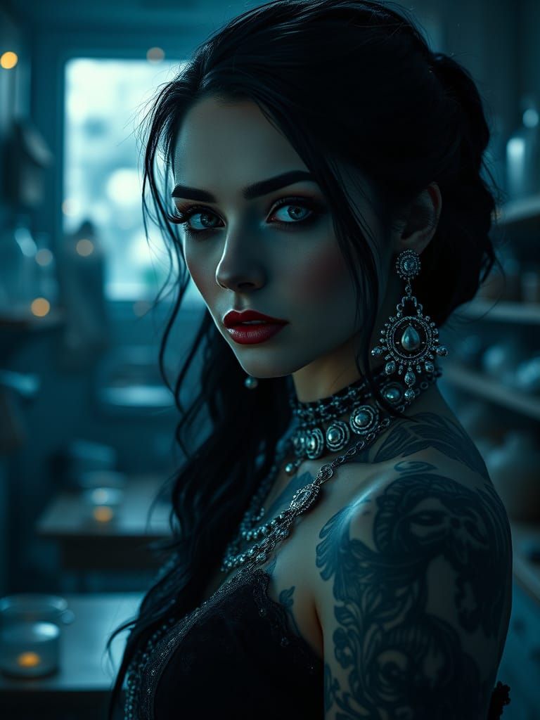 Beautiful Woman with Glowing Tattoos and Gothic Sorcery Aura