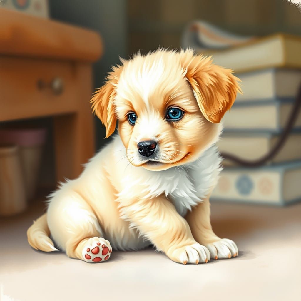 Cute Puppy with Bright Blue Eyes in Cozy Watercolor Scene