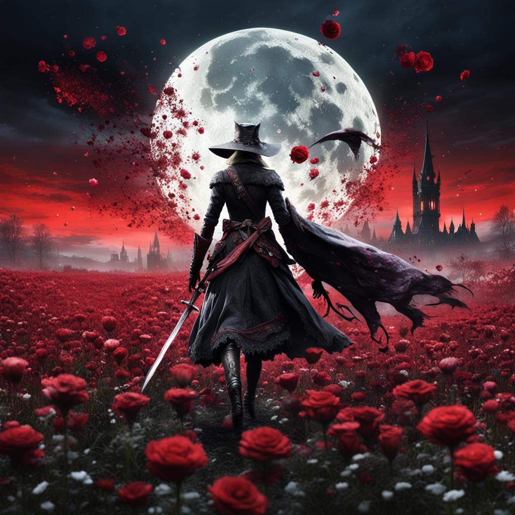 Epic Battle Under Red Moon on Flower Field