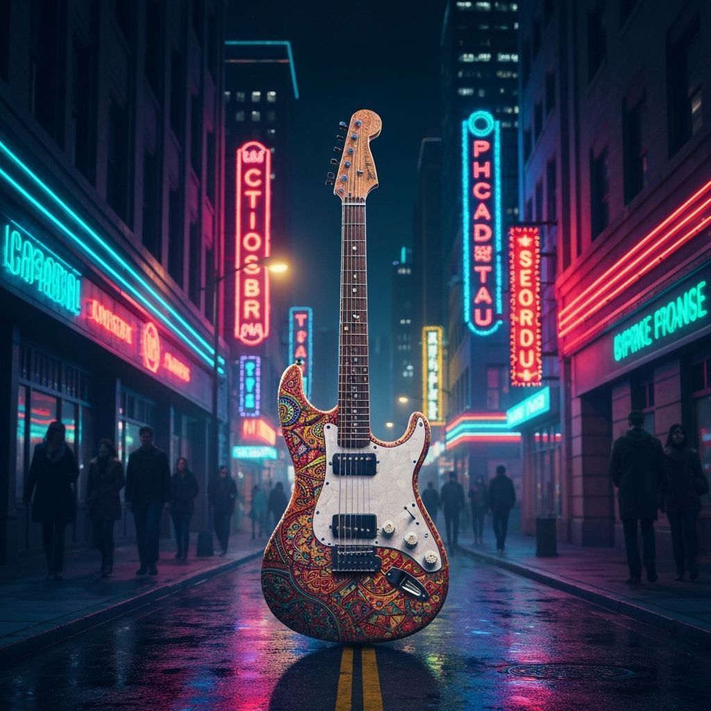 Mosaic Electric Guitar in Neon Cityscape