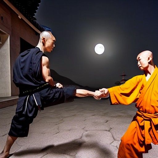 Shaolin Monk vs Ninja Fight at Temple, Photorealistic