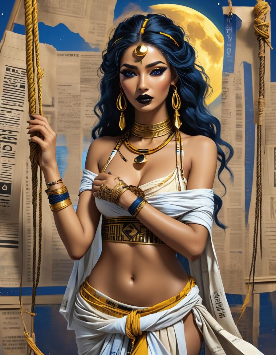 Egyptian Goddess with Newspaper Clothes in Photorealistic St...