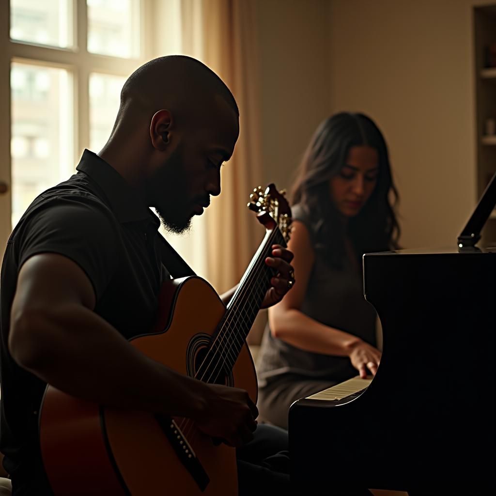 Hyperrealistic Musicians in Warmly Lit Apartment