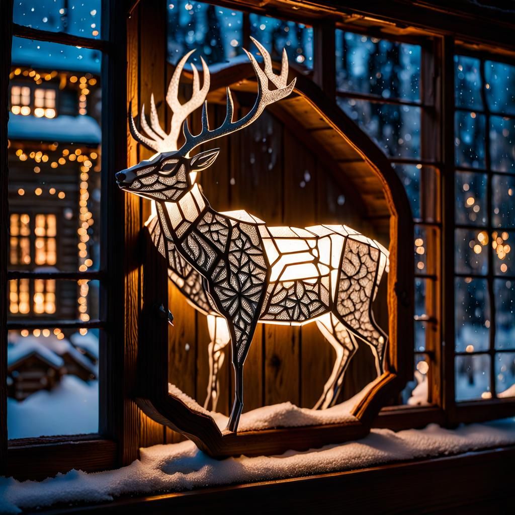 Intricate Paper Deer on Window in Snowy Night