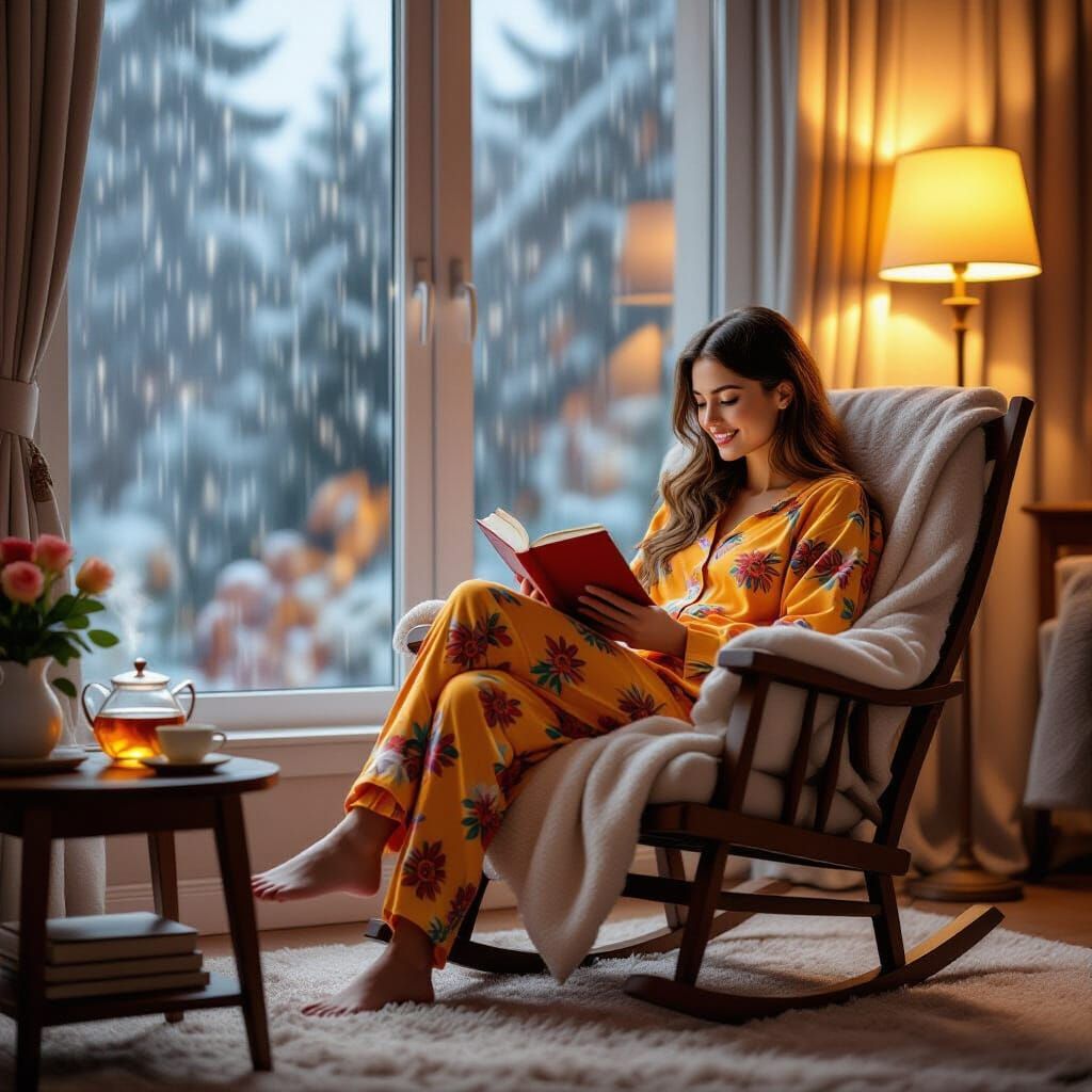 Cozy Rainy Day Reading Scene with Cat