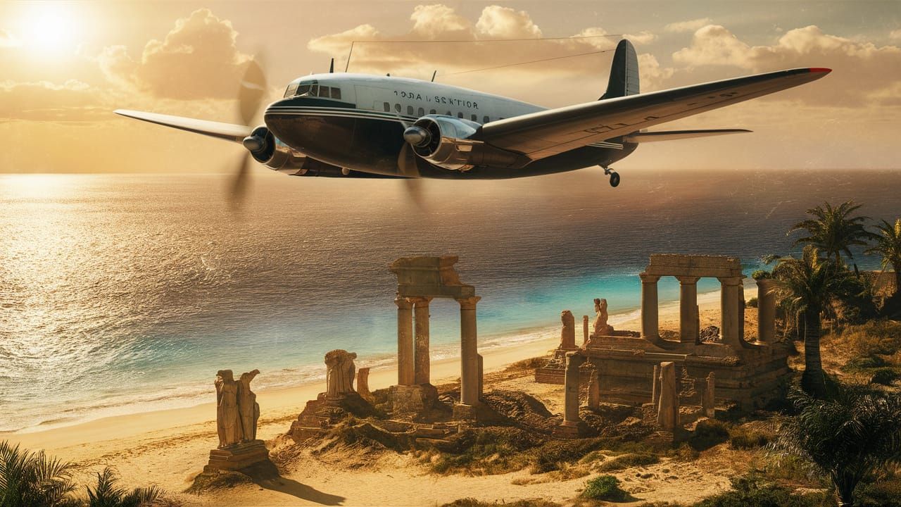 DC-3 Over Tropical Ruins in Kodachrome Style
